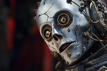 Poster - A detailed close-up of a robot head with various wires attached. This image can be used to depict technology, artificial intelligence, robotics, or futuristic concepts.