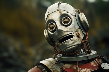 Poster - a detailed close-up shot of a robot wearing a helmet. perfect for technology or futuristic-themed pr