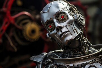 Poster - A detailed view of a robot with striking red eyes. This image can be used to depict futuristic technology or artificial intelligence in various industries.