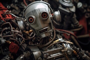Poster - a detailed view of a robot with numerous wires. this image can be used to depict advanced technology
