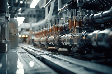 Poster - A line of pipes and valves in a factory. This image can be used to represent industrial processes and infrastructure.