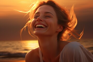 Wall Mural - A joyful woman laughing on a beautiful beach at sunset. This image captures the carefree spirit and happiness of enjoying the beach. Perfect for travel and vacation themes.