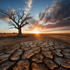 Wall Mural - AI generated illustration of a tree on dehydrated mud flats