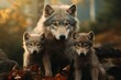 A group of wolves standing on top of a pile of leaves. This image can be used to depict the natural behavior and social dynamics of wolves in their habitat.