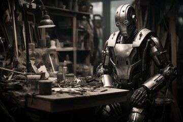 Poster - A robot sitting in a workshop surrounded by various tools. This image can be used to represent automation, technology, or the future of manufacturing.
