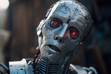 Poster - a close-up view of a robot with striking red eyes. this image can be used to depict futuristic techn