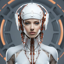 White futuristic robot in helmet, looks like beautiful female face on isolated background. AI Generative