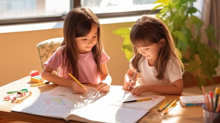 Canvas Print - Two little girls sitting at a table with a book and pencils