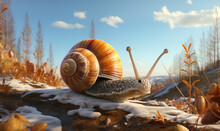 A Cartoon Snail Hurries Through The Winter Forest.