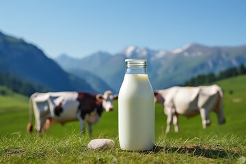 Wall Mural - Bottle of milk standing on an Alpine meadow with green grass on a sunny summer day