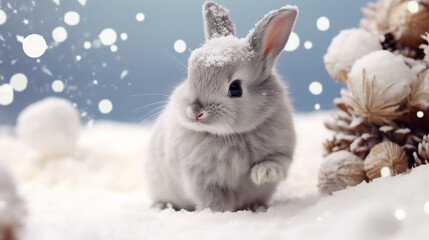 Sticker - Cute baby rabbit in snow enjoying Christmas snowflake