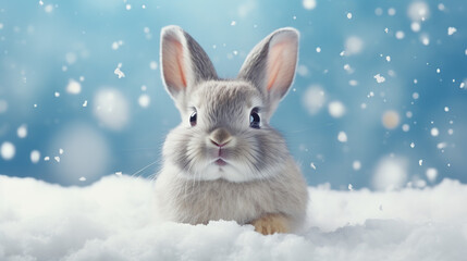 Sticker - Cute baby rabbit in snow enjoying Christmas snowflake