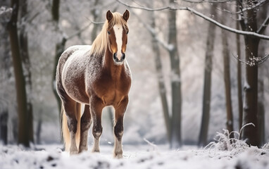 Wall Mural - Horse in forest during snowfall, atmospheric winter view