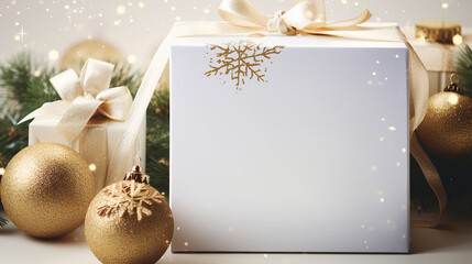 Wall Mural - Christmas background in white colors with white Christmas gift box with frame for text, gold plated Christmas balls and glitter Christmas promotional card