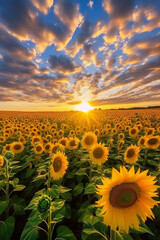 Wall Mural - Sunflower field with clouds, in the style of romantic landscapes