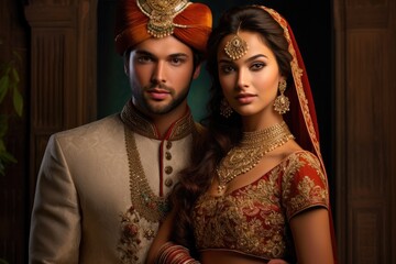 A loving husband and bride in traditional wedding attire stand together, symbolizing their affection and unity.