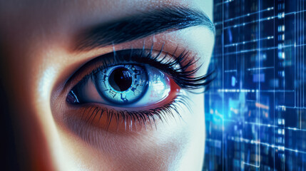 Poster - Close up of female eye in digital cyberspace.