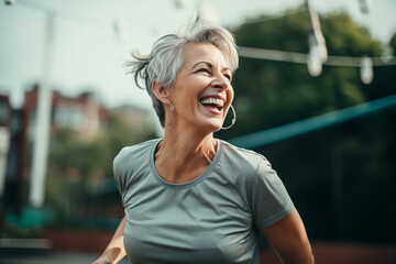 Dynamic senior woman doing sports outdoors on a sports field, gray hair, wearing a light blue top and earrings, with a large smile, white teeth, happy, energetic, healthy, caucasian, full of vitality