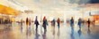 © GB - People walking through an airport, impressionism-style illustration