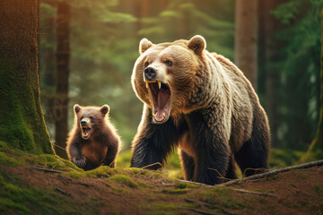 Wall Mural - In the heart of the summer taiga, a mother bear fiercely snarls, protecting her family of adorable cubs from potential danger in the wild.