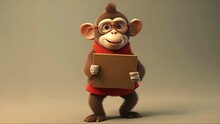 Cute Happy Cartoon Monkey Holding A Blank Sign. Created With Generative AI.	
