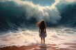 woman standing ocean looking wave girl scared abstract illustration princess protagonist foreground highly turbulent promotional anxiety environment