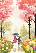 Two People Walking Down Path Umbrellas Pink Flowers Illustration Pop Figure Mom Long Princess Trees Grey Skies Rain Full Card Design Stands Easel Portrait Family Three Sales