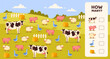 How many game template. Farming and agriculture with cows and pigs, sheeps. Educational material for children. Development counting skills for kids. Cartoon flat vector illustration