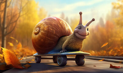 Wall Mural - A cartoon snail hurries through the autumn forest.