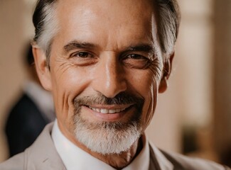 Sticker - Senior businessman, company boss, smile closeup, confident face expression, elegant successful professional in suit at his office at work. Executive director of the enterprise.