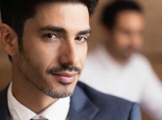 Canvas Print - Confident brunette, elegant professional businessman work at office, wearing suit, face closeup, success executive working