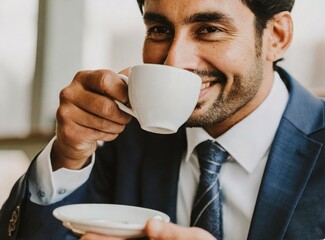 Poster - Brunette elegant professional businessman take coffee break at office, wearing suit, face closeup, successful executive relax concept