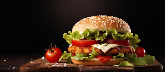 Sticker - Chicken burger sandwich with tomato, cheese, and lettuce.