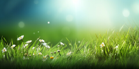 Wall Mural - Spring background with green grass and white flowers, copy space