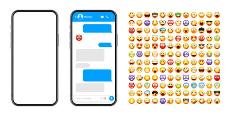 Wall Mural - Smartphone messaging app, user interface design with emoji. SMS text frame. Chat screen with blue message bubbles. Texting app for communication. Social media application. Vector illustration