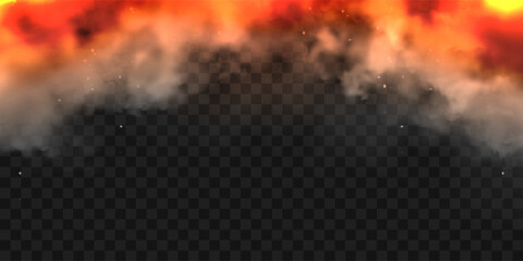 Wall Mural - Realistic smoke clouds and fire. Flame blast, explosion. Stream of smoke from burning objects. Forest fires. Transparent fog effect. White steam, mist. Vector design element.