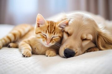 Wall Mural - Cat and dog sleeping. Puppy and kitten sleep.