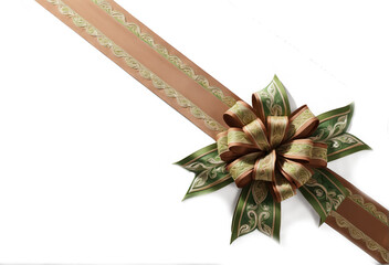 Wall Mural - green ribbon and bow with gold led diagonally through the image  isolated against transparent background