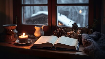 Wall Mural - Cozy winter still life about a study table with book, candle and a mug, snowy weather outside 