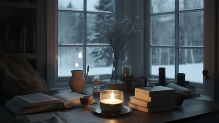 Wall Mural - Cozy winter still life about a study table with book, candle and a mug, snowy weather outside 