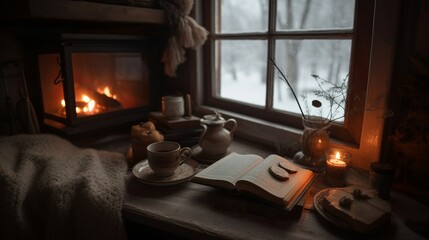 Wall Mural - Atmospheric still life with a book, candle and a cup of coffee by the window in winter 