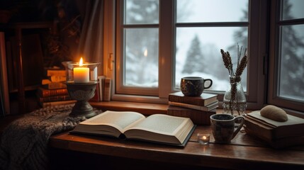 Wall Mural - Atmospheric still life with a book, candle and a cup of coffee by the window in winter 