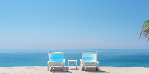 Wall Mural - tranquil scene with lounge chairs facing the vast, blue ocean, framed by a bright, clear sky