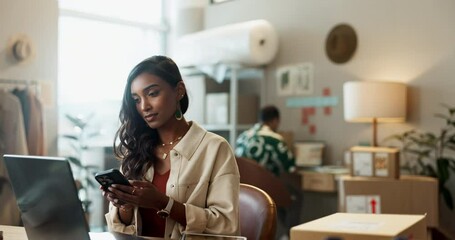 Aufkleber - Phone, laptop and a woman designer in her workshop for product shipping an online order or delivery. Technology, small business and supply chain logistics with a young employee in a startup studio