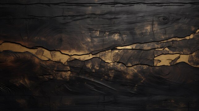 an abstract dark black wooden background with gold paint