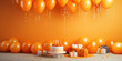 vibrant orange birthday cake and balloons set against the backdrop of a joyous, colorfully decorated party room