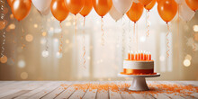 Vibrant Orange Birthday Cake And Balloons Set Against The Backdrop Of A Joyous, Colorfully Decorated Party Room