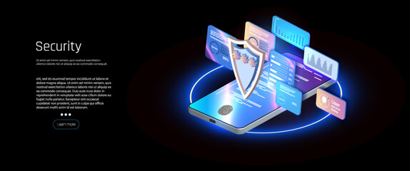 Poster - Vector illustration of a mobile phone with advanced security features. The phone is enveloped in a blue glow and displays icons for a lock, fingerprint scanner, and shield