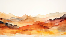 A Watercolor Painting Of A Mountain Range And Sand Dunes In Vibrant Hues Of Red, Orange, And Brown. High Quality Illustration.