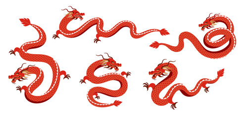 Wall Mural - Red Dragon illustrations collection. Chinese new year 2024 year of the dragon - red traditional Chinese designs with dragons. Lunar new year concept, modern design